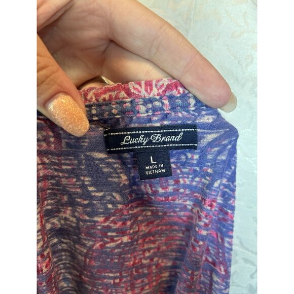 Lucky Brand Blouse Top Lightweight Short Sleeve Front Tie Blue & Print Boho Sz L - Picture 7 of 8